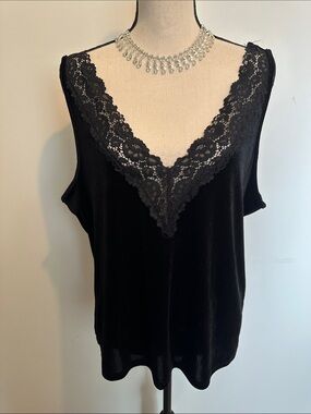 Linea Donatella Black Velvet and Lace Camisole Top XL Vintage Romantic